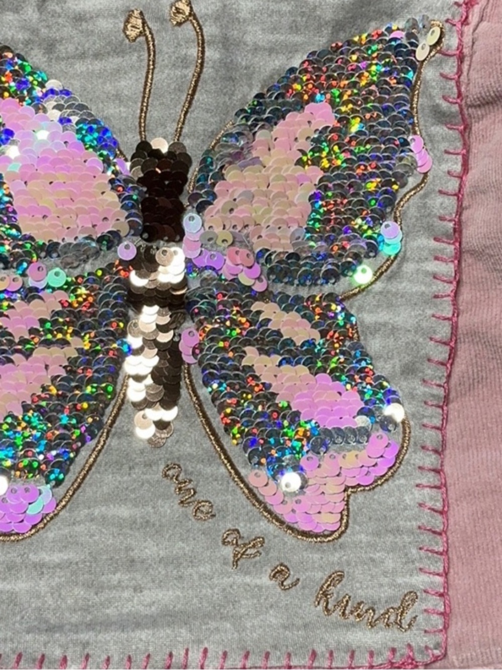 Upcycled Pink Corduroy Sherpa Kids Jacket with Sequin Butterfly - Picture 5 of 9